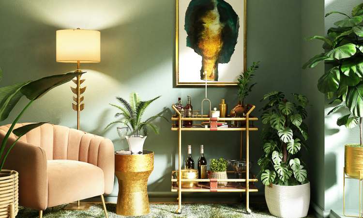 retro living room with green walls and gold accent furniture